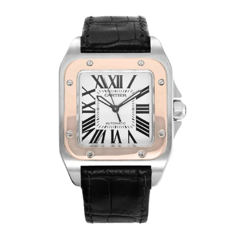 Cartier Santos 100 44.2mm | Brown Leather Strap | Opaline Silver Dial Rose Gold Bezel | Men's Watch ref. W20107X7