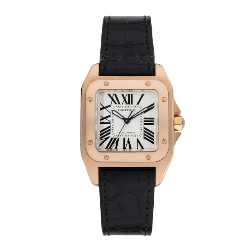 Cartier Santos 100 44.2mm | Brown Leather Strap | Silver Dial Rose Gold Bezel | Rose Gold Case | Men's Watch ref. W20108Y1