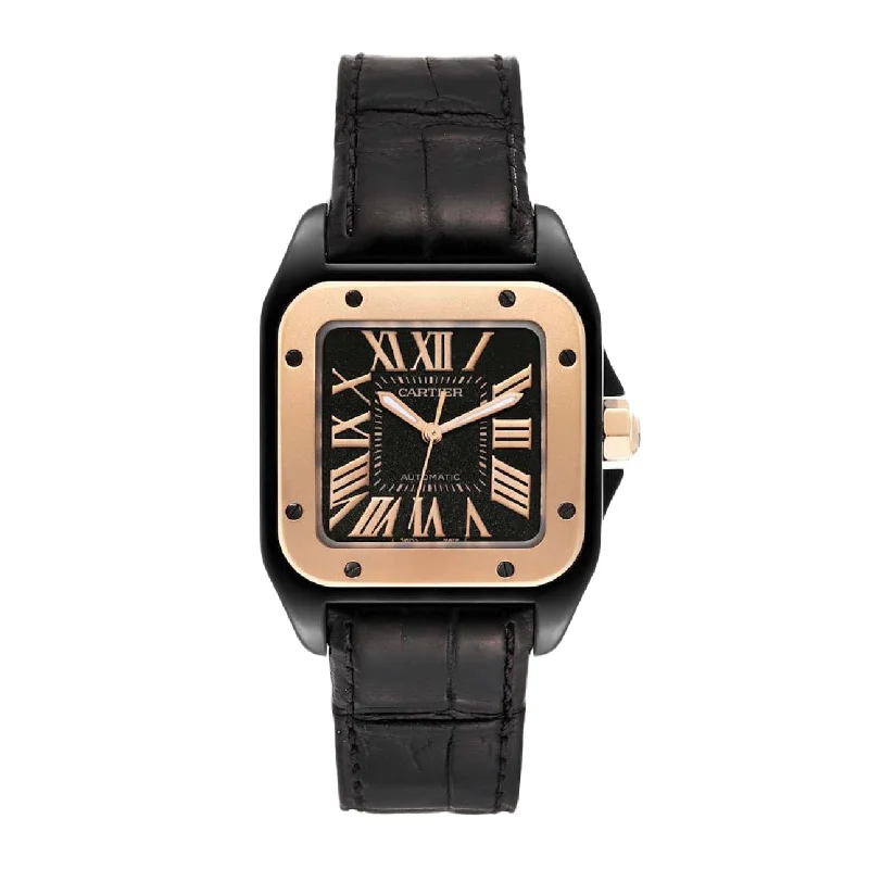 Cartier Santos 100 51.1mm | Black Fabric Strap | Black Dial Rose Gold Bezel | Men's Watch ref. W2020009