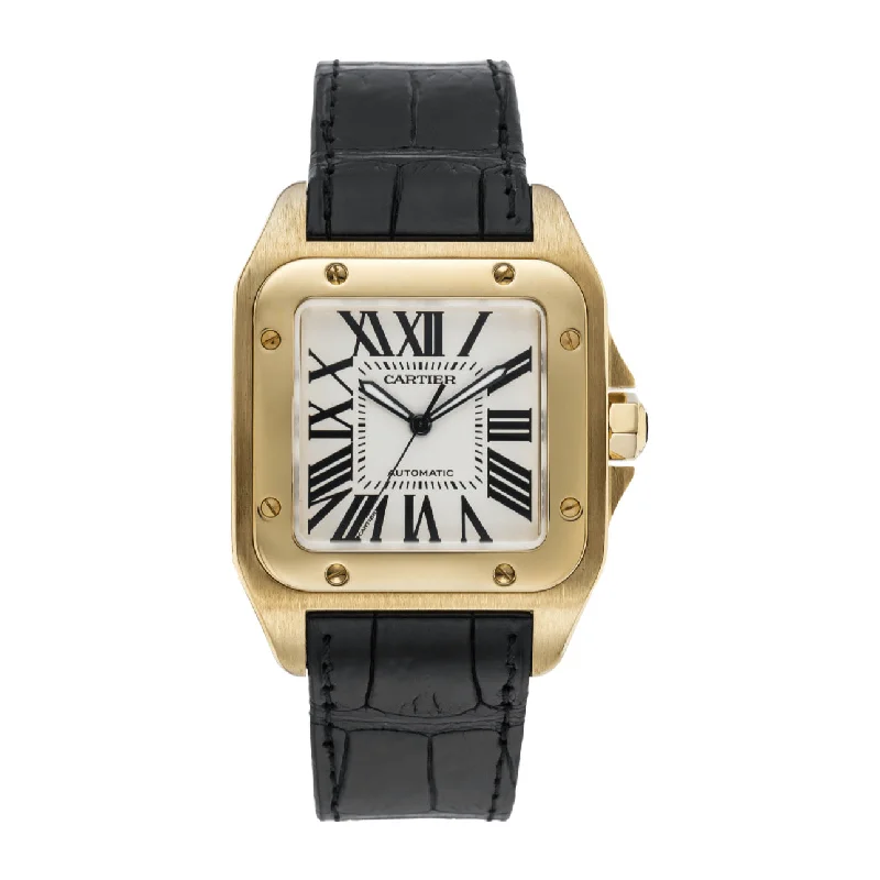 Cartier Santos 100 51mm | Brown Leather Strap | Silver Dial Yellow Gold Bezel | Yellow Gold Case | Men's Watch ref. W20071Y1