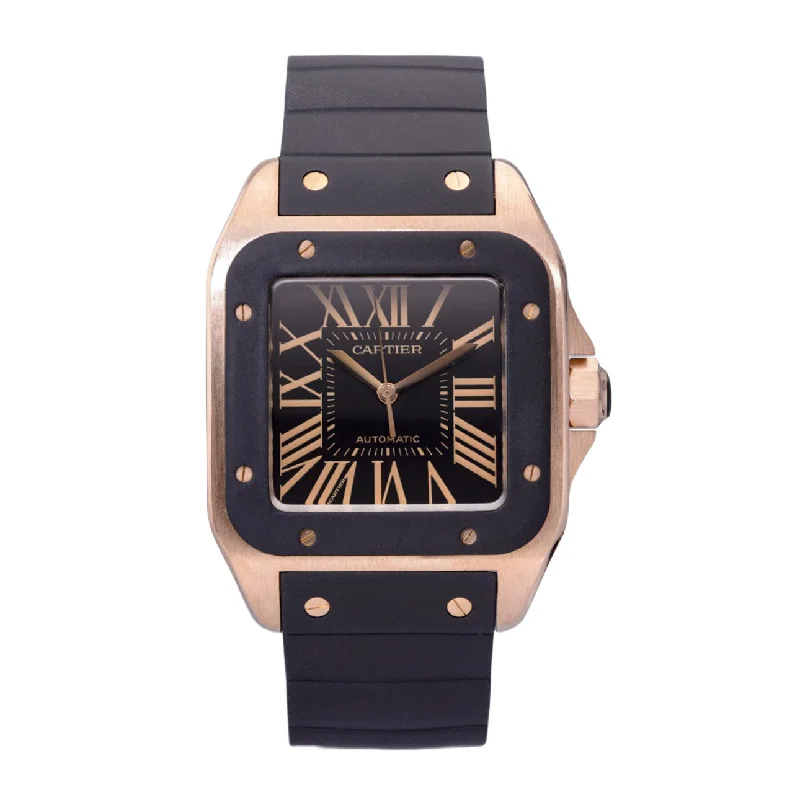 Cartier Santos 100 58.1mm | Black Rubber Strap | Black Dial Black Bezel | Rose Gold Case | Men's Watch ref. W20124U2