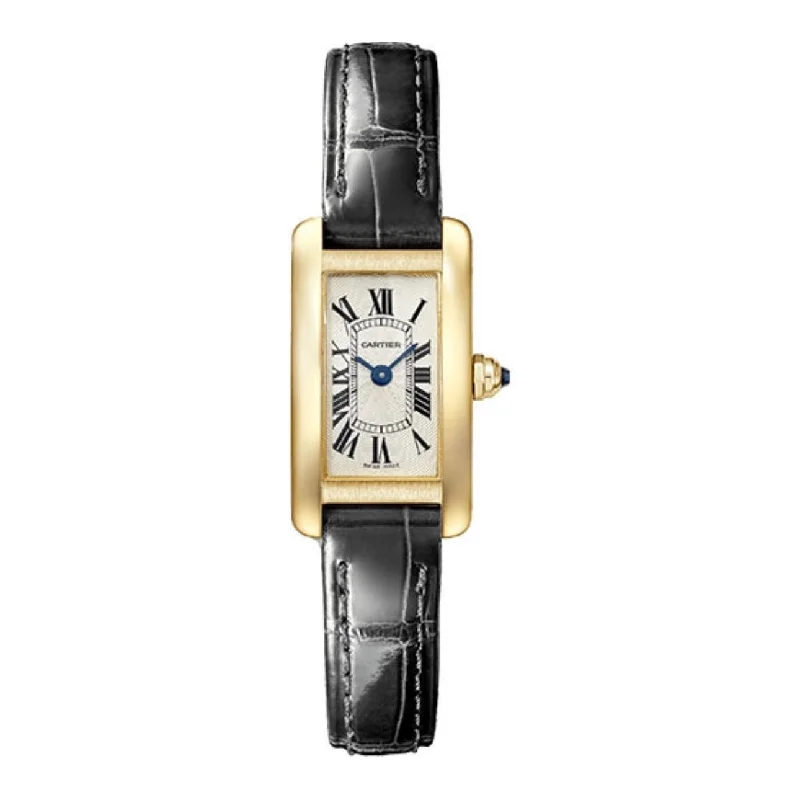 Cartier Tank Americaine 27mm | black shiny alligator-skin strap Bracelet | Silver Dial yellow gold Bezel | Ladies Watch ref. WGTA0038