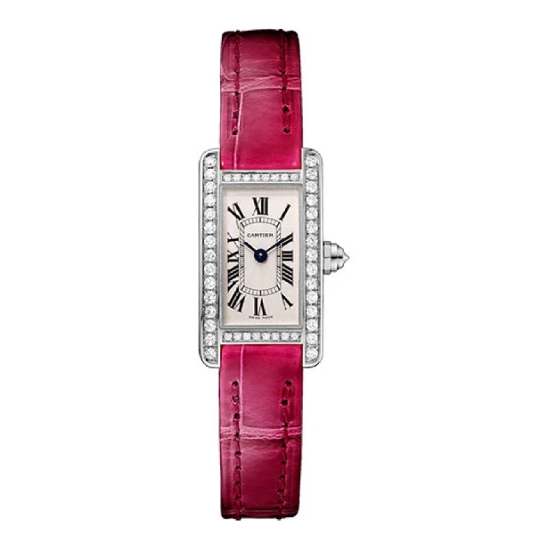 Cartier Tank Americaine 27mm | pink strap Bracelet | Silver Dial Diamond Bezel | Ladies Watch ref. WB710015