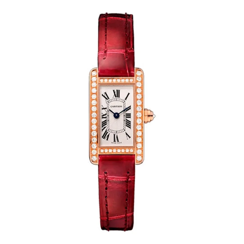 Cartier Tank Americaine 27mm | Red Leather Strap Bracelet | Silver Dial Diamond Bezel | Ladies Watch ref. WB710014