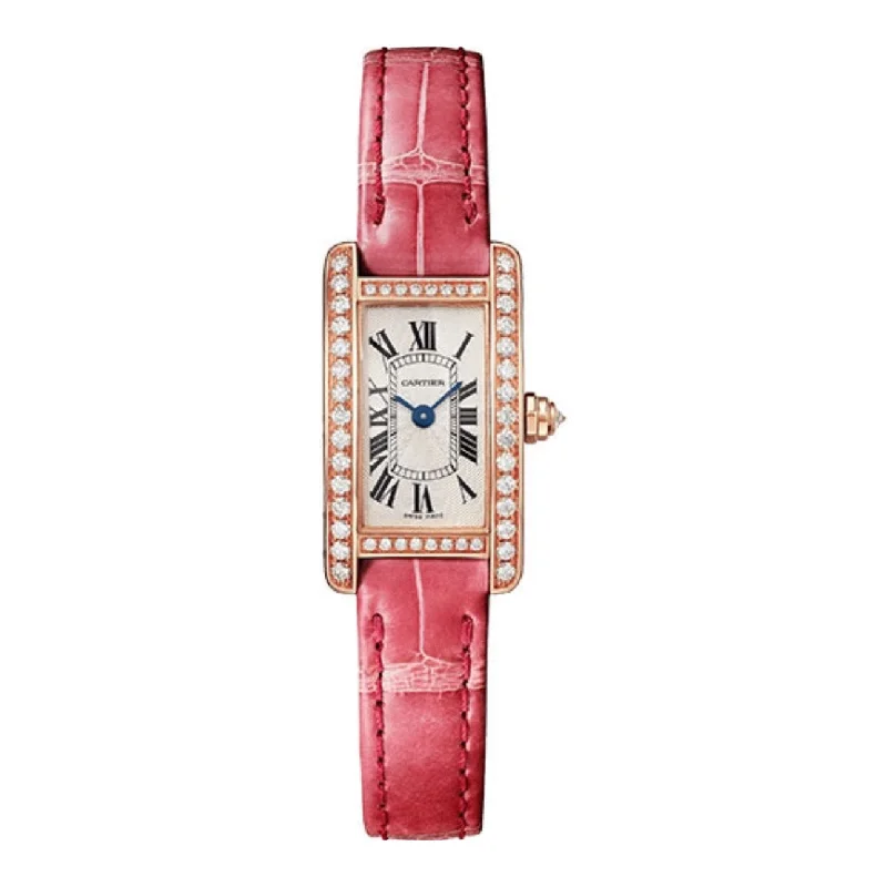 Cartier Tank Americaine 27mm | rouge lie-de-vin shiny alligator leather strap Bracelet | Silver Dial Diamond Bezel | Ladies Watch ref. WJTA0026