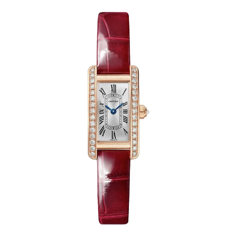 Cartier Tank Americaine 28 mm | shiny red alligator-skin strap Bracelet | Silver Dial Diamond Bezel | Ladies Watch ref. WJTA0041