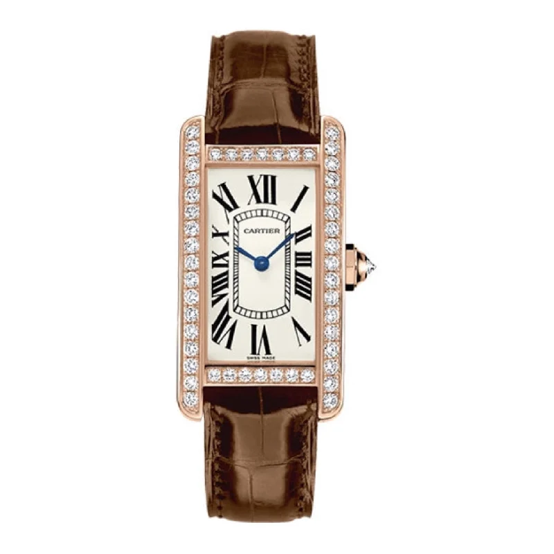 Cartier Tank Americaine 34.8mm | brown alligator-skin strap Bracelet | Silver Dial rose diamond gold Bezel | Ladies Watch ref. WJTA0002