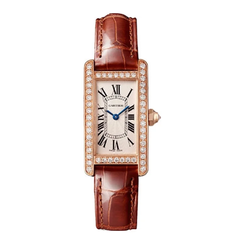 Cartier Tank Americaine 34.8mm | brown alligator-skin strap Bracelet | Silver Dial rose gold diamond Bezel | Ladies Watch ref. WJTA0028