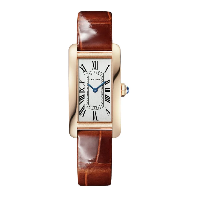 Cartier Tank Americaine 35.4mm | dark brown shiny alligator-skin strap Bracelet | Silver Dial rose gold Bezel | Ladies Watch ref. WGTA0133