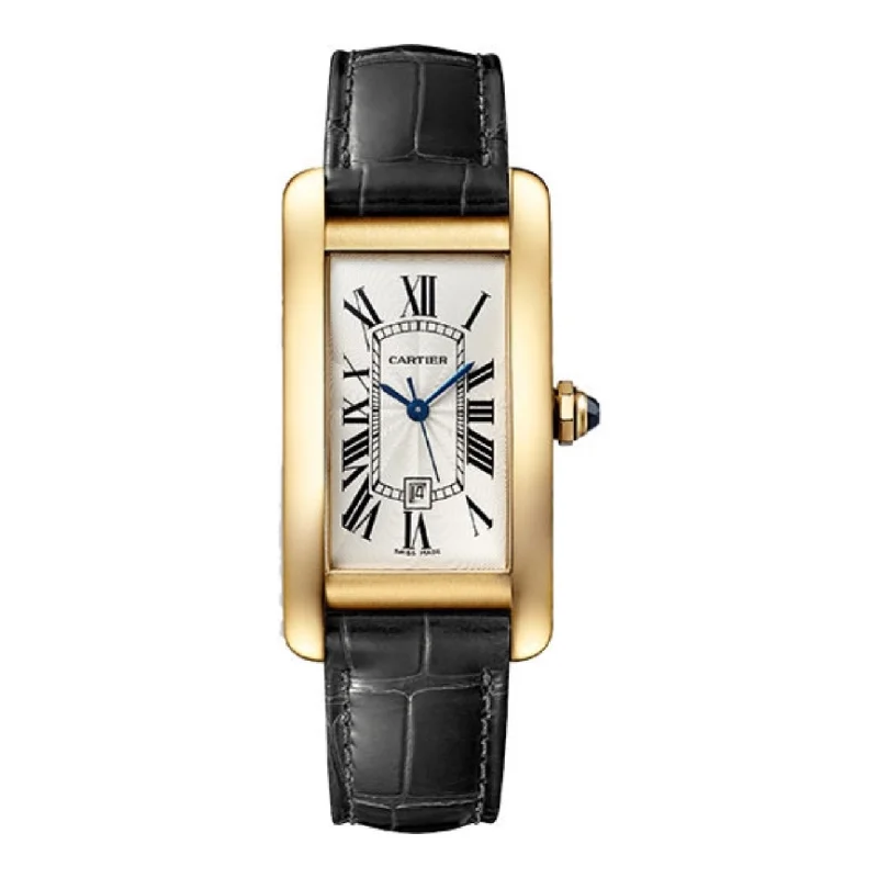 Cartier Tank Americaine 41.6mm | black alligator-skin strap Bracelet | Silver Dial yellow gold Bezel | Men's Watch ref. WGTA0040