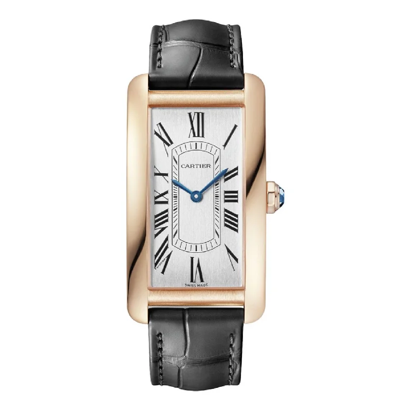 Cartier Tank Americaine 44.4mm | semi-matte gray alligator-skin strap Bracelet | Silver Dial rose gold Bezel | Men's Watch ref. WGTA0134