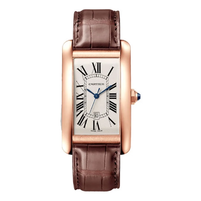 Cartier Tank Americaine 45.1mm | Brown alligator-skin strap Bracelet | Silver Dial rose gold Bezel | Men's Watch ref. WGTA0047