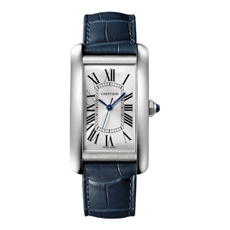 Cartier Tank Americaine 45.1mm | semi-matte blue alligator-skin strap Bracelet | Silver Dial steel Bezel | Men's Watch ref. WSTA0045