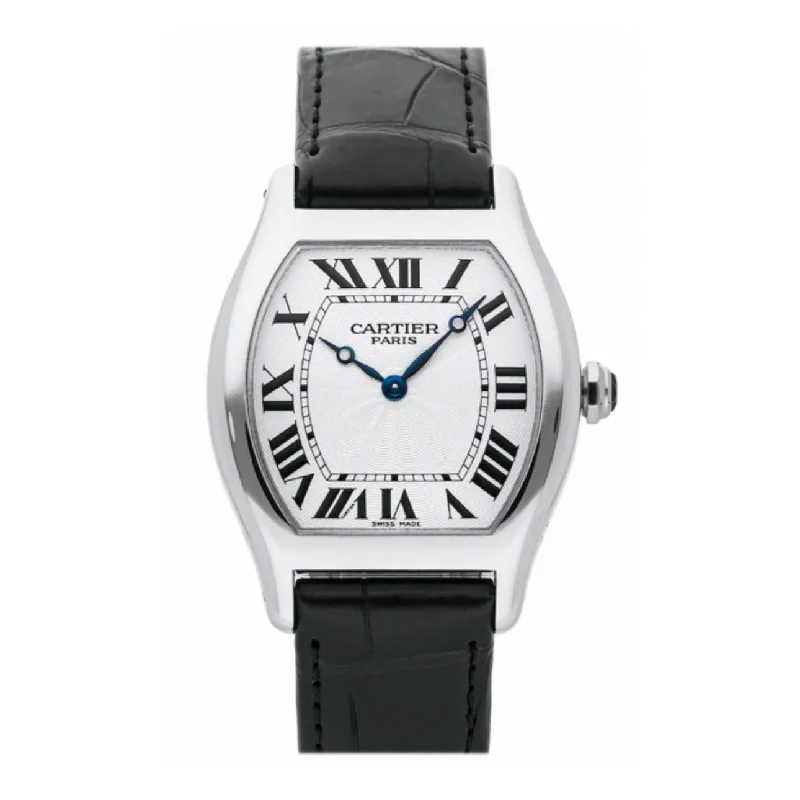 Cartier Tortue 25.6mm | Black Leather Strap | Silver Guilloche Dial Platinum Bezel | Platinum Case | Ladies Watch ref. W1546151