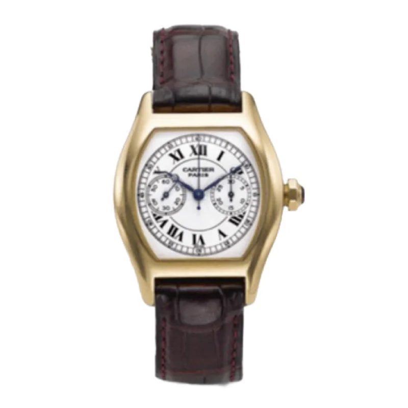 Cartier Tortue 27 mm | Brown Leather Strap | White Dial Yellow Gold Bezel | Yellow Gold Case | Ladies Watch ref. W1525751