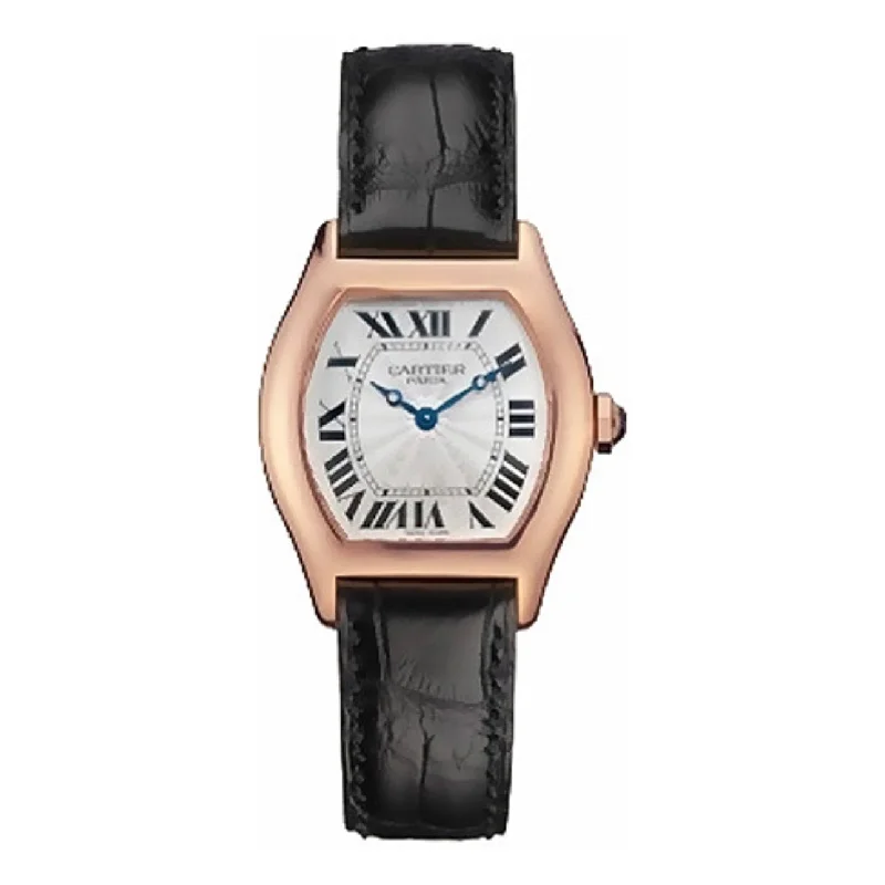 Cartier Tortue 28mm | Black Leather Strap | Silver Dial Rose Gold Bezel | Rose Gold Case | Ladies Watch ref. W1540251