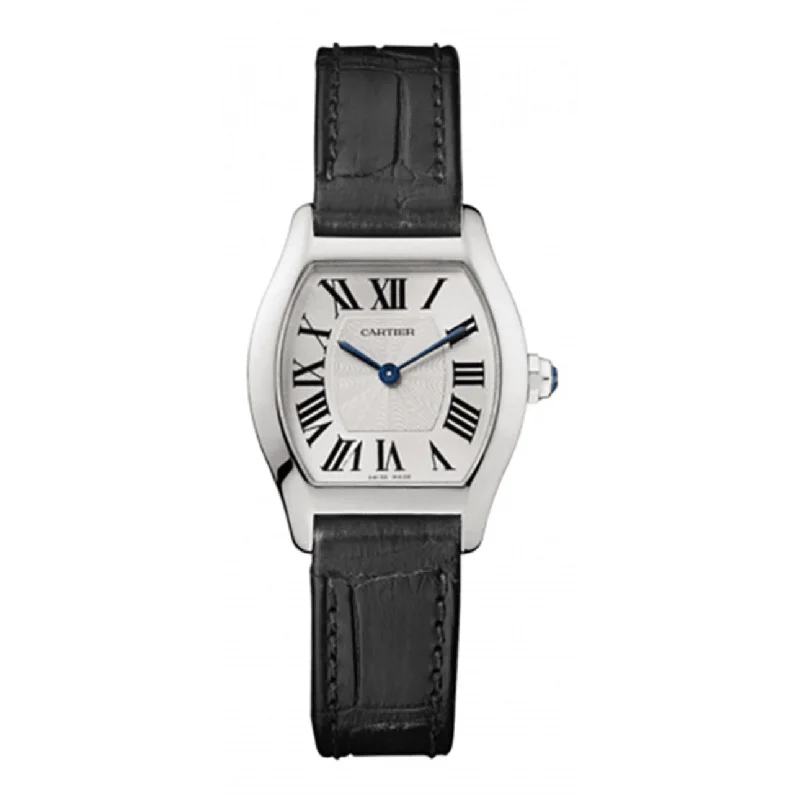 Cartier Tortue 30mm | Black Leather Strap with Pattern | Silver Guilloche Dial White gold Bezel | White Gold Case | Ladies Watch ref. W1556361