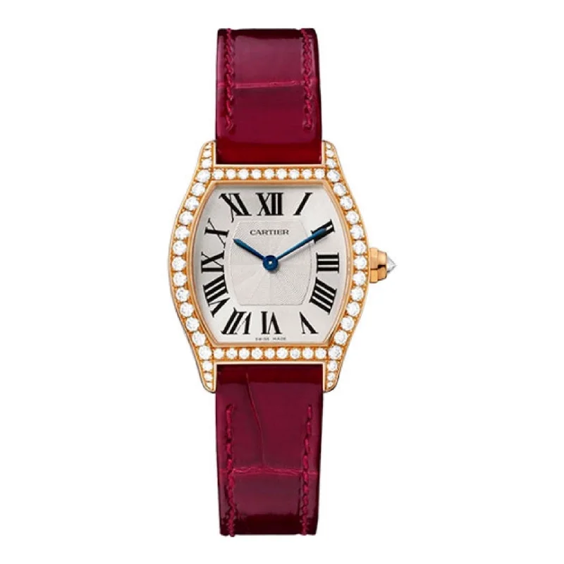 Cartier Tortue 30mm | bordeaux alligator skin strap Bracelet | silver Dial diamond Bezel | rose gold Case | Ladies Watch ref. WA501006