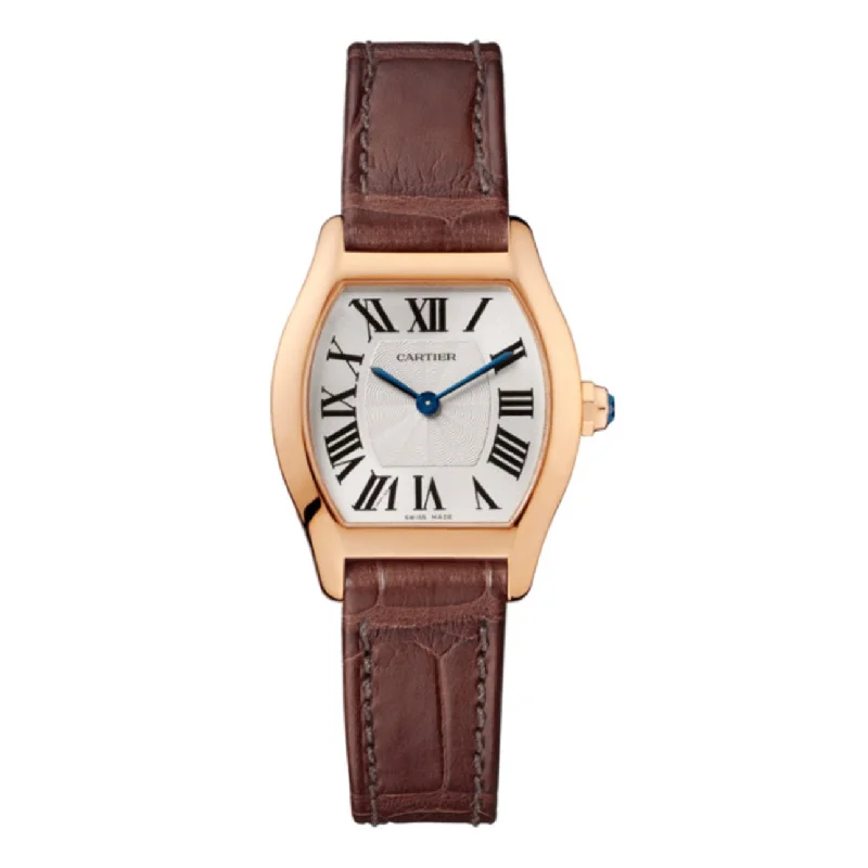 Cartier Tortue 30mm | Brown Leather Strap with Pattern | Silver Guilloche Dial Rose gold Bezel | Rose Gold Case | Ladies Watch ref. W1556360