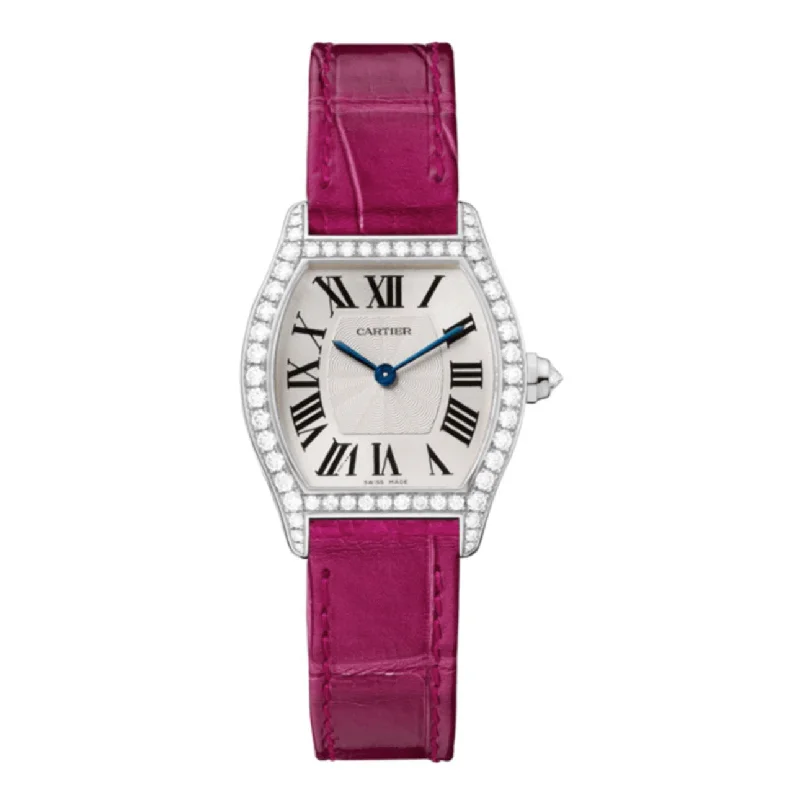 Cartier Tortue 30mm | fuchsia-pink Leather Strap with Pattern | Silver Dial diamond Bezel | White Gold Case | Ladies Watch ref. WA501007