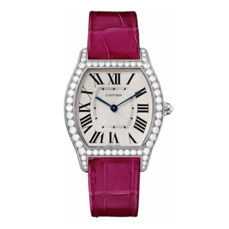 Cartier Tortue 31mm | Pink Leather Strap with Pattern | Silver Dial diamond Bezel | White Gold Case | Ladies Watch ref. WA501009