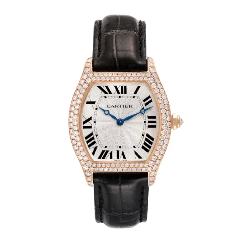 Cartier Tortue 34.60mm | Black Leather Strap | Silver Dial diamond Bezel | Rose Gold Case | Ladies Watch ref. WA503751