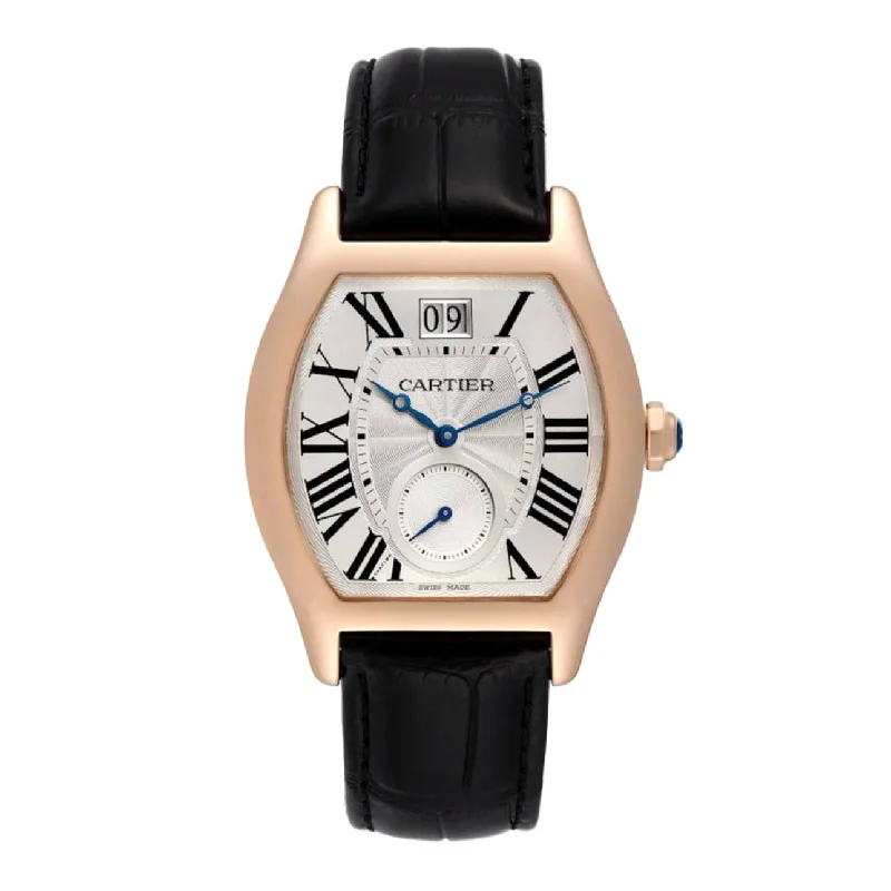 Cartier Tortue 38mm | Black Leather Strap | Silver Dial Rose Gold Bezel | Rose Gold Case | Men's Watch ref. W1556234