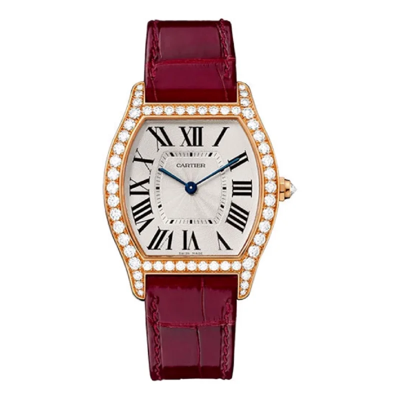 Cartier Tortue 39mm | bordeaux alligator skin strap Bracelet | silver Dial diamond Bezel | rose gold Case | Men's Watch ref. WA501008