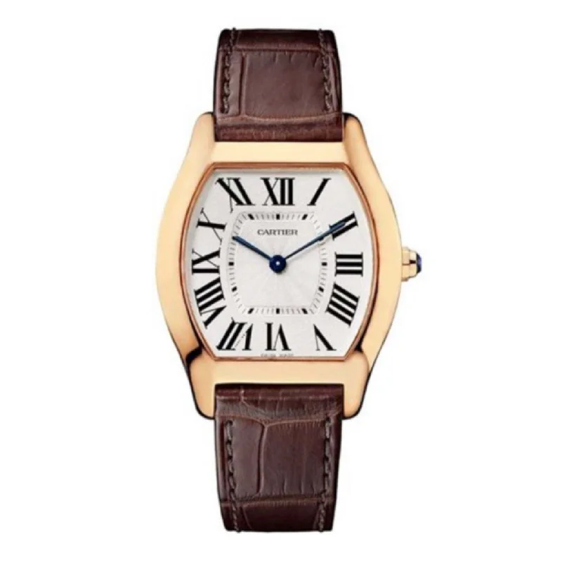 Cartier Tortue 39mm | Brown Leather Strap with Pattern | Silver Guilloche Dial Rose Gold Bezel | Rose Gold Case | Unisex Watch ref. W1556362