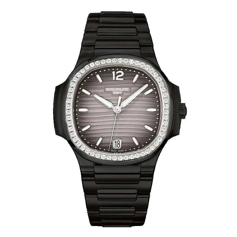 Patek Philippe Nautilus Ladies 35.2mm Women's Watch - Ref: 7118-1200A-011 - Gray Opaline Dial & Diamond Bezel in Black PVD Stainless Steel Bracelet