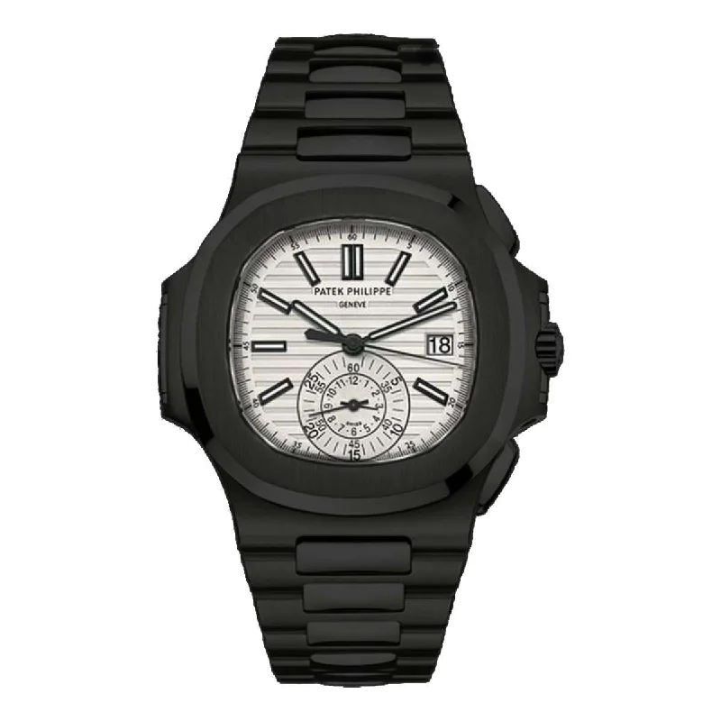 Patek Philippe Nautilus Chronograph 40.5mm Watch - Ref: 5980/1A-019 - White Dial, Black PVD Stainless Steel Bracelet