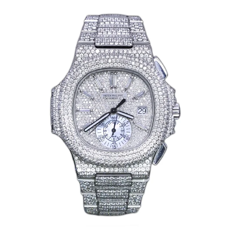 Custom Iced Out Patek Philippe Nautilus Chronograph 44mm Watch - Ref: 5980/1A-019 - Pave Diamond Dial, Diamond Case Stainless Steel Diamond Bracelet Bracelet