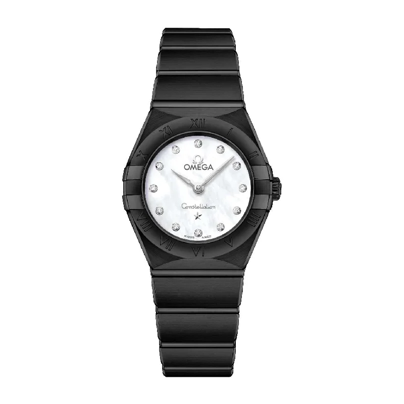 Black Omega DLC-PVD Constellation 25mm | Black DLC-PVD Stainless Steel bracelet | White dial | Ladies Watch 131.10.25.60.05.001-pvd