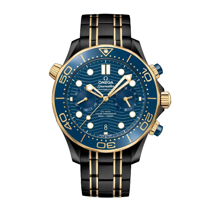 Black Omega DLC-PVD Seamaster 44mm | Two-Tone Black DLC-PVD Stainless Steel and 18k Yellow Gold bracelet | Blue dial Blue bezel | Men's Watch 210.20.44.51.03.001-pvd