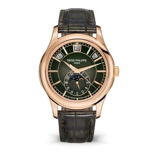 Patek Philippe Complications Calatrava Travel Time 40mm Watch - Ref: 5205R-011  - Olive Green Dial in 18K Rose Gold Green Alligator Strap