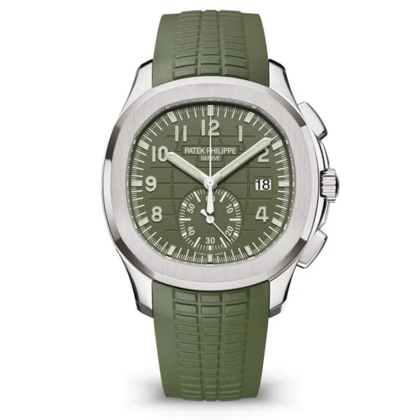 Patek Philippe Aquanaut Chronograph 42.2mm Watch - Ref: 5968G-010 - Khaki Green Dial, 18K White Gold Khaki Green Polymer Rubber Strap