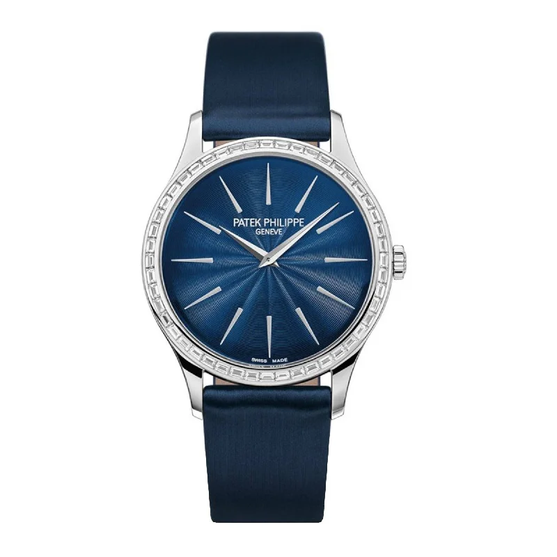 Patek Philippe Calatrava 33mm Watch - Ref: 4897-300G-001 - Night Blue Dial & Diamond Bezel in 18K White Gold Midnight Blue Brushed Calfskin Strap