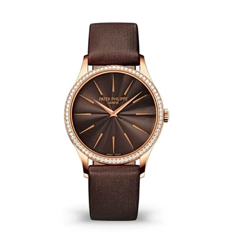 Patek Philippe Ladies Calatrava 33mm Women's Watch - Ref: 4897R-001 - Chocolate Brown Dial & Diamond Bezel in 18K Rose Gold Chocolate Brown Satin Strap