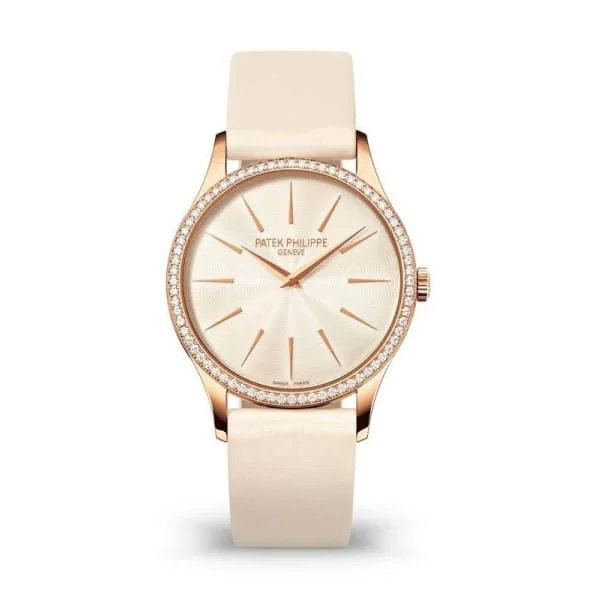 Patek Philippe Ladies Calatrava 33mm Women's Watch - Ref: 4897R-010 - Cream Dial & Diamond Bezel in 18K Rose Gold Pearly White Brushed Satin Strap