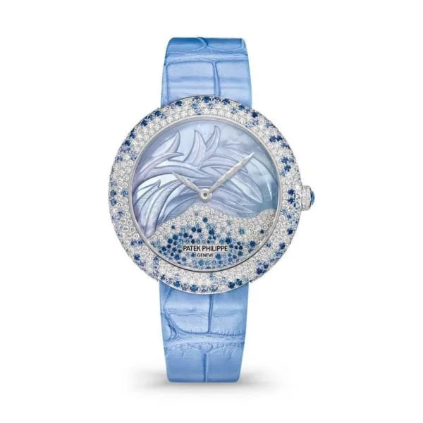 Patek Philippe Ladies Calatrava 35.8mm Women's Watch - Ref: 4899-901G-001 - White Mother of Pearl  Diamond & Sapphire Dial & Bezel in 18K White Gold Blue Alligator Strap