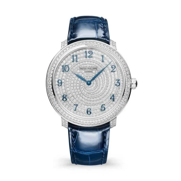 Patek Philippe Ladies Calatrava 36.5mm Women's Watch - Ref: 4978-400G-001 - Pave Diamond Dial, Bezel & Case in 18K White Gold Blue Alligator Strap