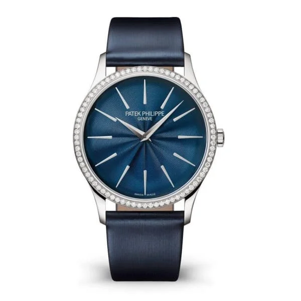 Patek Philippe Ladies Calatrava 35mm Women's Watch - Ref: 4997-200G-001 - Midnight Blue Dial & Diamond Bezel in 18K White Gold Navy Blue Brushed Calfskin Strap