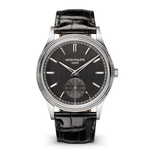 Patek Philippe Calatrava 39mm Watch - Ref: 6119G-001 - Charcoal Gray Dial & Guilloche Bezel in 18K White Gold Shiny Black Alligator Strap