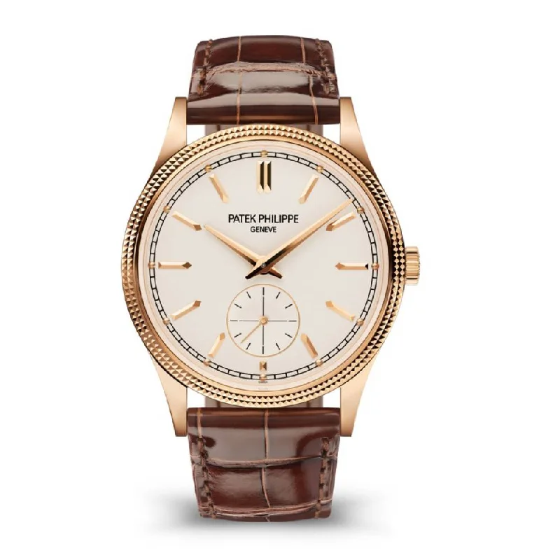 Patek Philippe Calatrava 39mm Watch - Ref: 6119R-001 - Silver Dial & Guilloche Bezel in 18K Rose Gold Shiny Chocolate Brown Alligator Strap