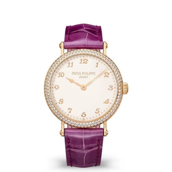 Patek Philippe Calatrava 34.6mm Watch - Ref: 7200-200R-001 - Silver Dial & Diamond Bezel in 18K Rose Gold Shiny Royal Purple Alligator Strap