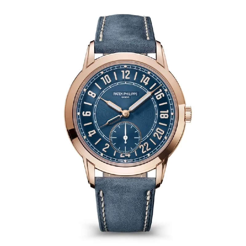 Patek Philippe Complications Calatrava Travel Time 42mm Watch - Ref: 5224R-001 - Blue 24-hour display Dial in 18K Rose Gold Navy Blue Nubuck Finish Calfskin Strap