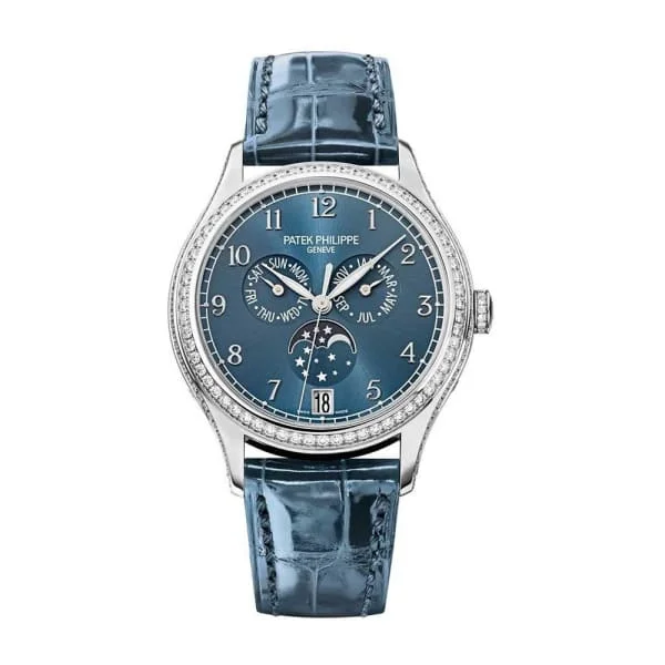 Patek Philippe Complications Annual Calendar Ladies 38mm Women's Watch - Ref: 4947G-001 - Blue Moon-Phase Dial & Diamond Bezel in 18K White Gold Shiny Peacock Blue Alligator Strap