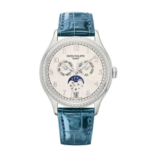 Patek Philippe Complications Annual Calendar Ladies 38mm Women's Watch - Ref: 4947G-010 - Silver Moon-Phase Dial & Diamond Bezel in 18K White Gold Shiny Peacock Blue Alligator Strap