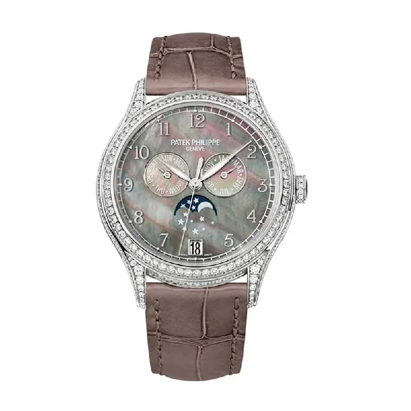 Patek Philippe Complications Annual Calendar 38mm Watch - Ref: 4948G-001 - Black Mother of Pearl Moon-Phase Dial, 18K White Gold Brown Leather Strap