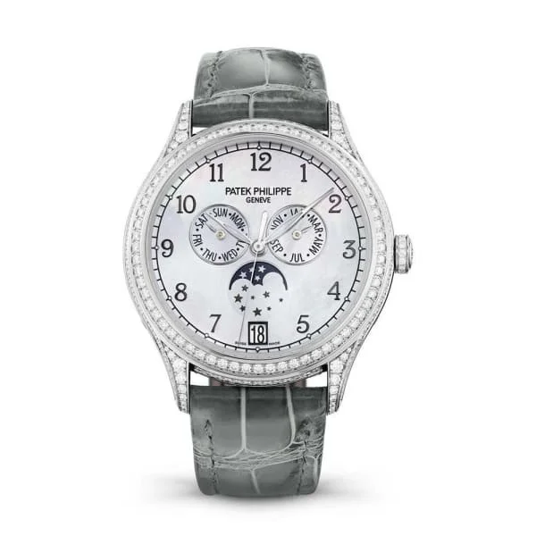 Patek Philippe Complications Annual Calendar 38mm Watch - Ref: 4948G-010 - White Mother of Pearl Moon-Phase Dial, 18K White Gold Black Leather Strap